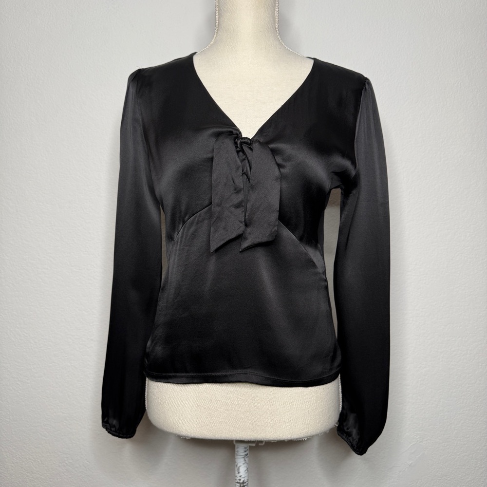 Maje Black Silk Cotton Blouse V‑Neck Front Tie Elastic Cuffs Size M